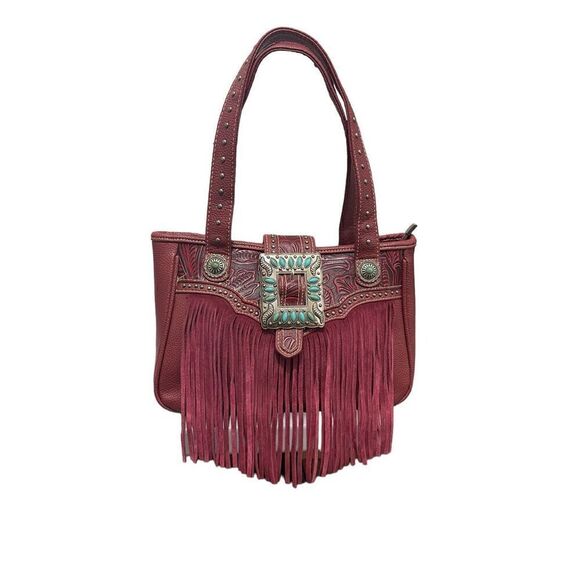 Trinty Ranch Handbags - Trinty Ranch Western Red/Black Fringe Leather Accents Concealed Carry Shoulder B